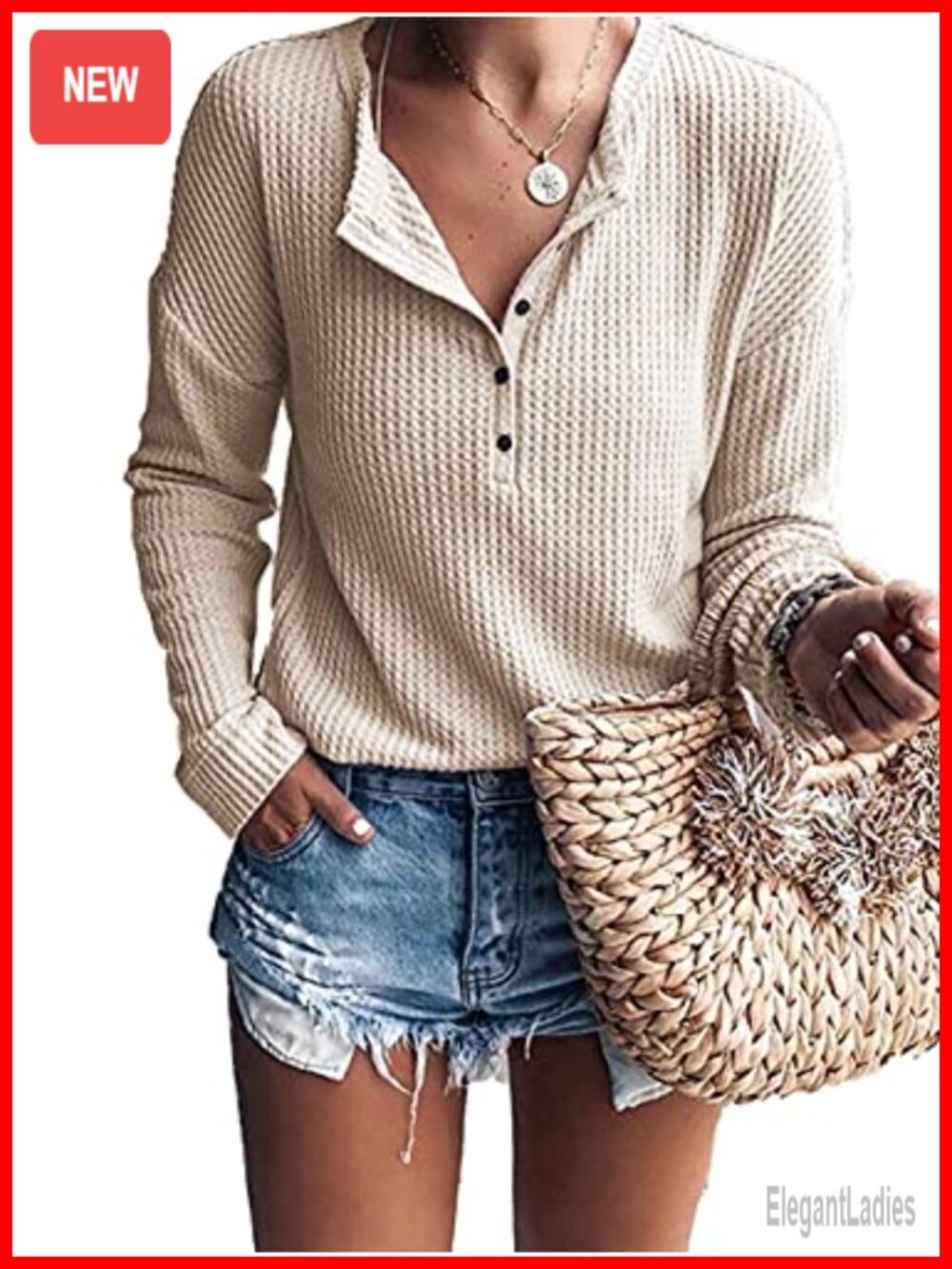 Waffle Knit Tunic Top Long Sleeve Henley Button Down Loose Fit